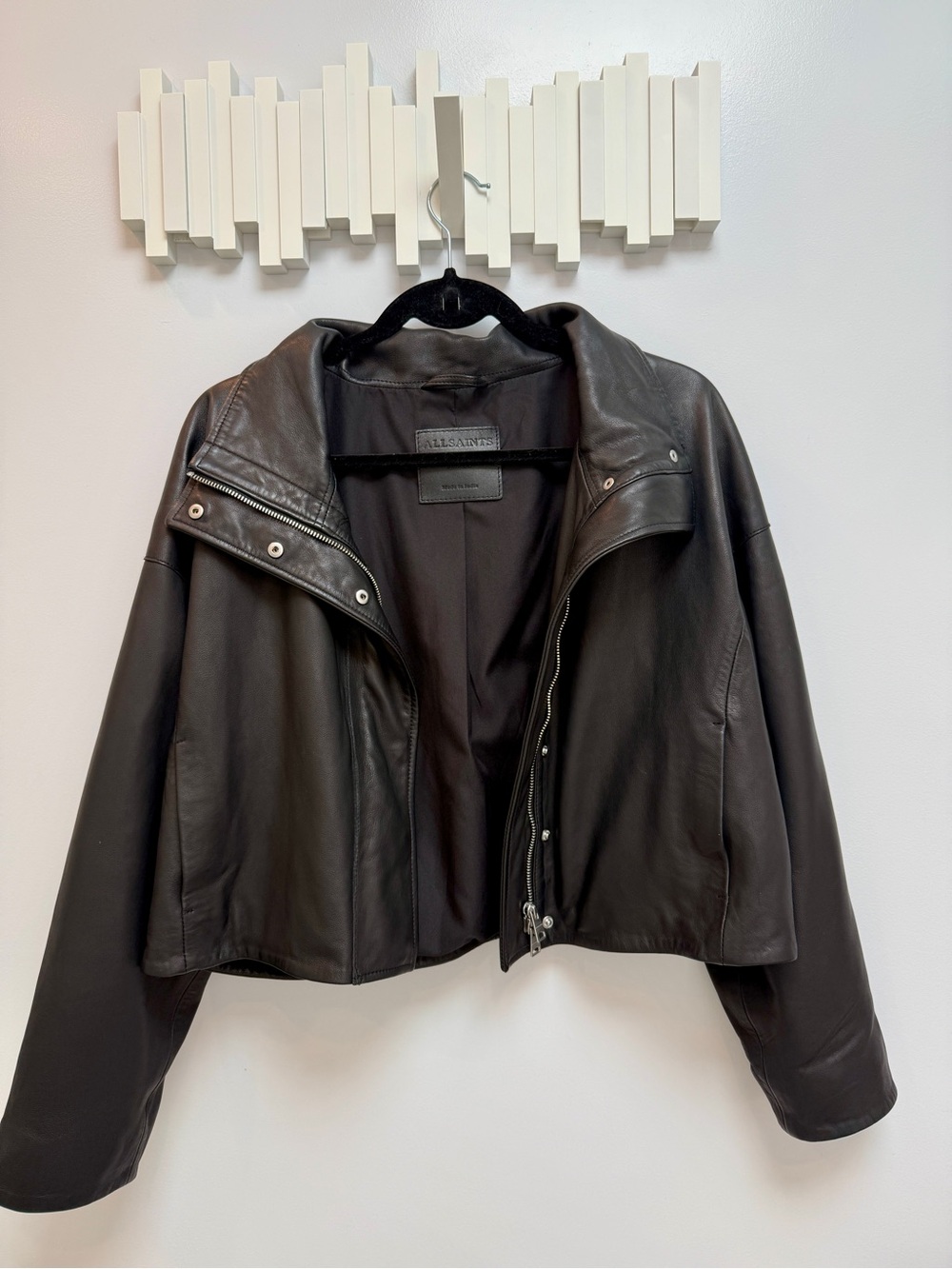 All Saints Ryder Black Cropped Leather Jacket - Picture 9 of 16